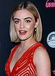 Lucy Hale cleavy & leggy in hot red gown pics