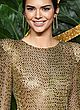 Kendall Jenner posing in see thru gold dress pics