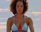 Karyn Parsons deep cleavage in blue bikini videos
