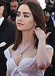 Lily Collins cleavy and leggy in white gown pics