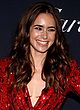 Lily Collins cleavy & leggy in hot red gown pics